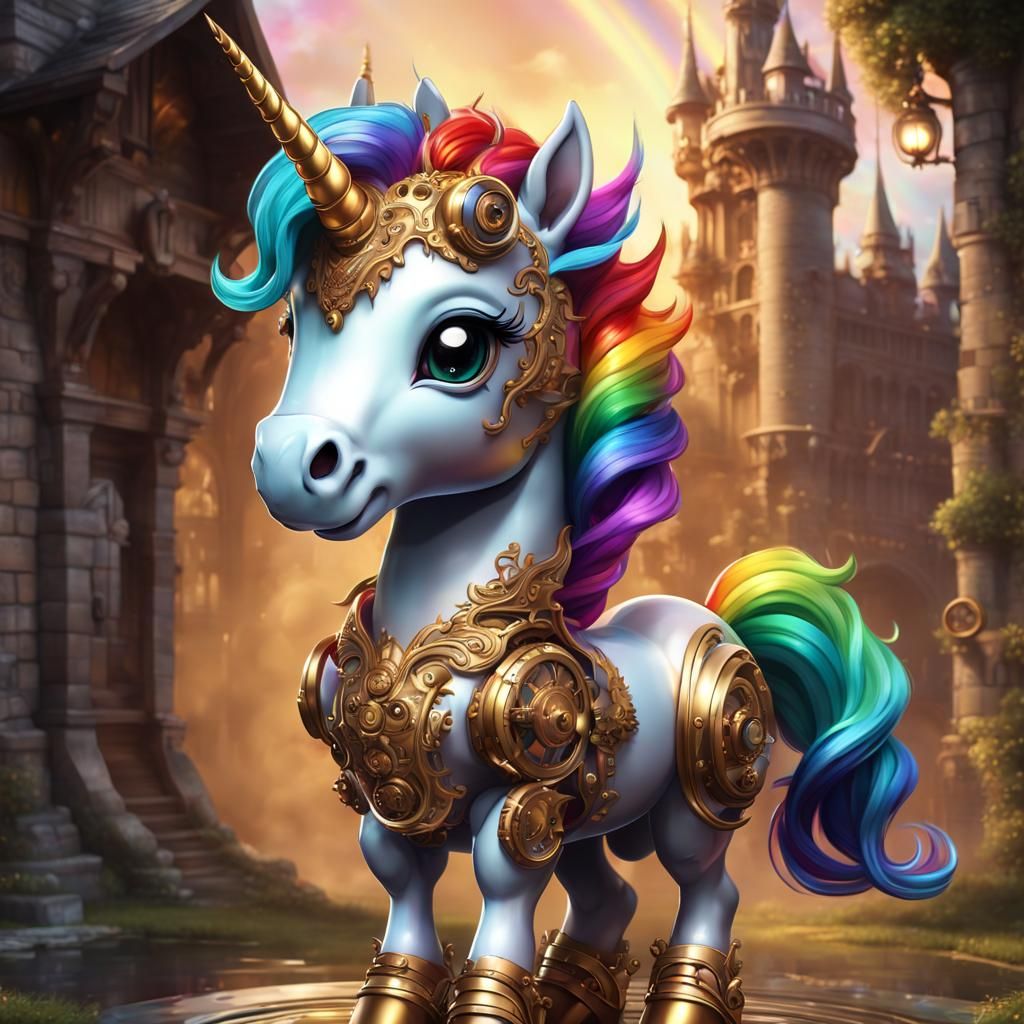 Chibi Rainbow Unicorn in Steampunk Garden