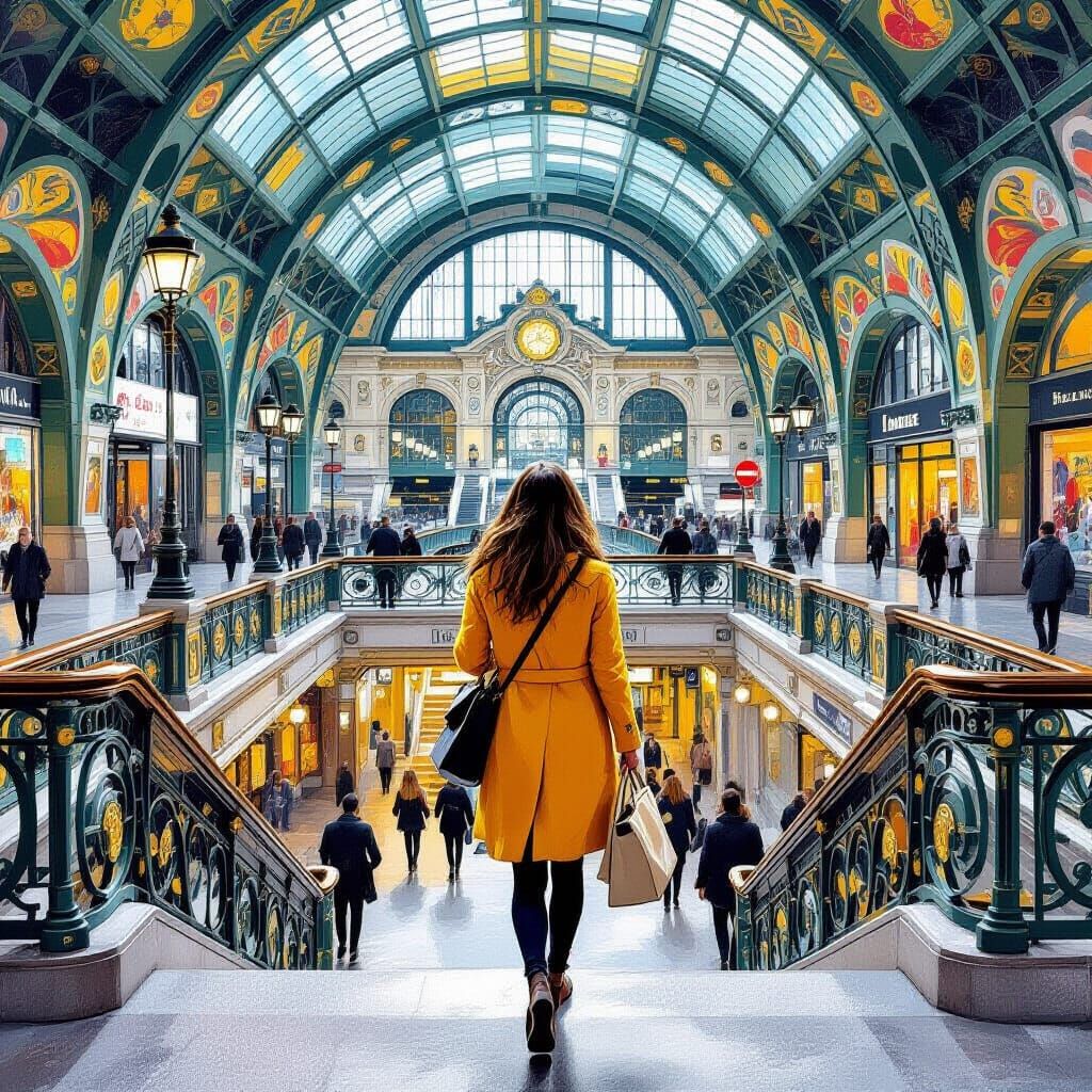 Woman in Yellow Coat Enters Paris Metro in Impressionist Sty...