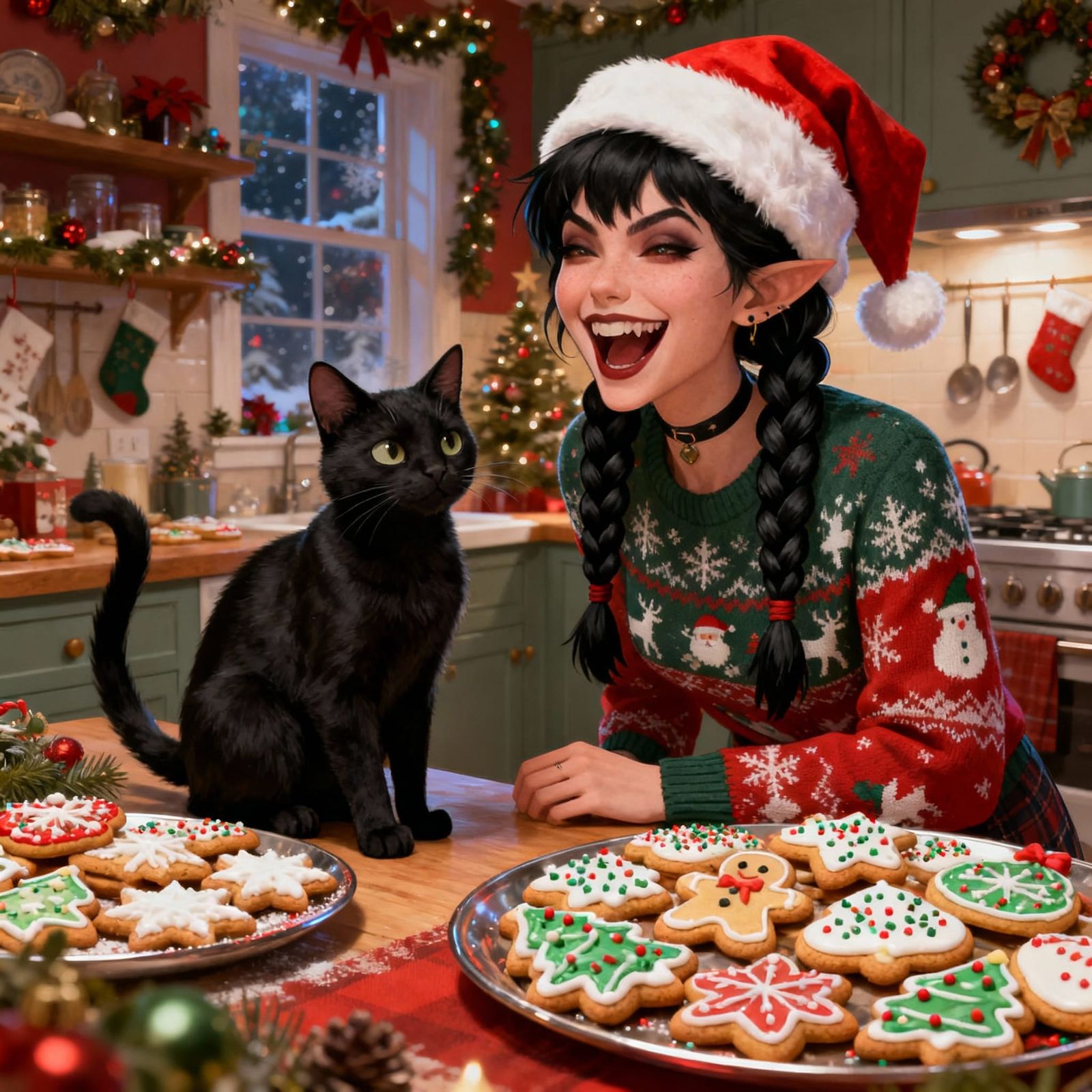 Festive Christmas Scene: Woman, Cat, and Cookies in Cozy Kit...