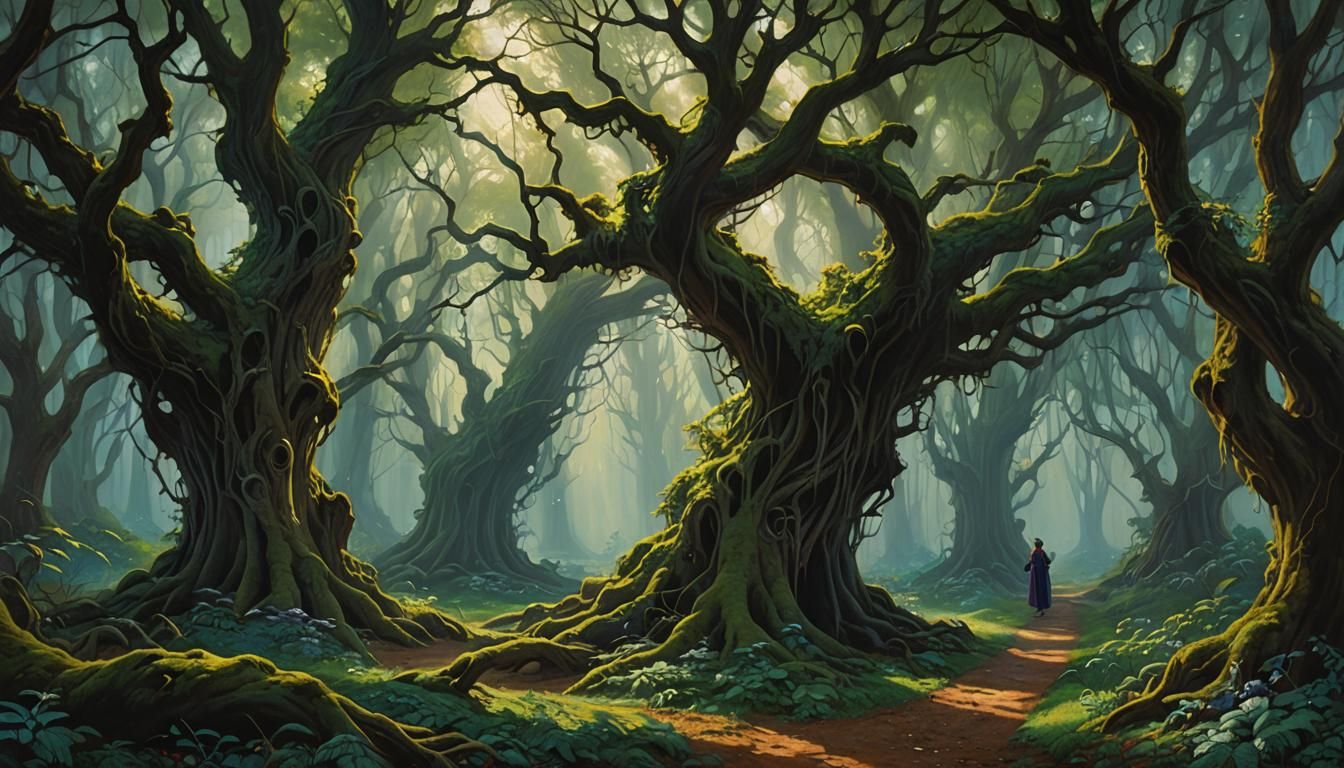 Haunting Forest Path with Ghostly Figures