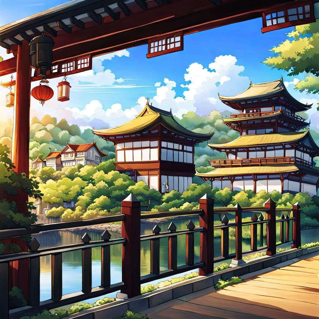 Cartoonish Anime Riverside Background in Manga Style