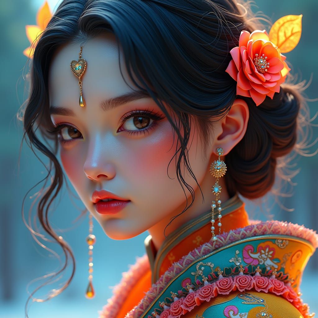 Hyperrealistic portrait of a beautiful woman wearing intrica...