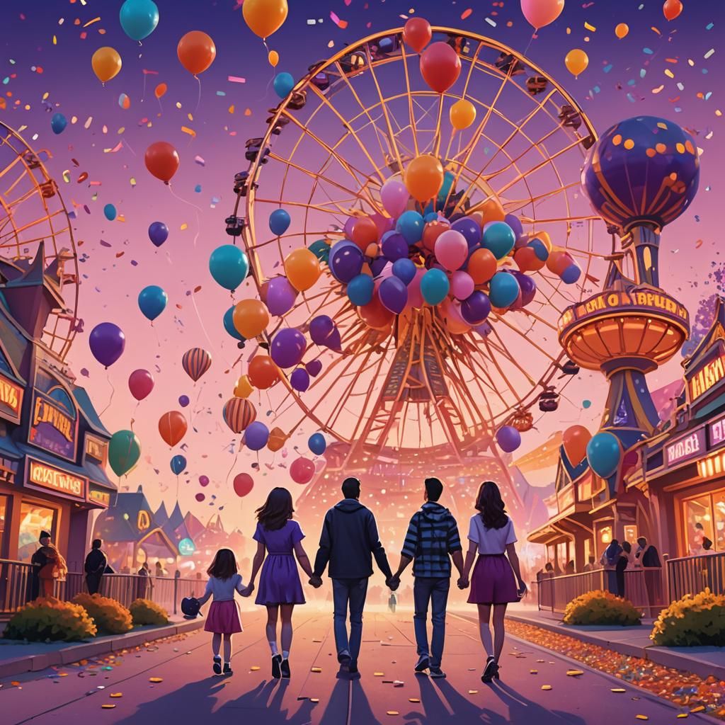 Skeletal Family's Joyful Theme Park Adventure in Pixar Style