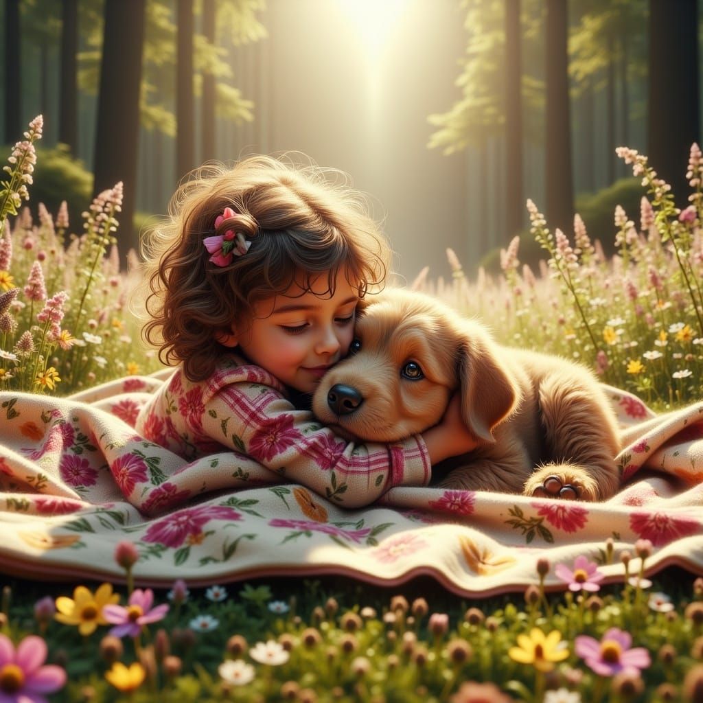 Girl Hugged By Dog in Mystical Forest Landscape
