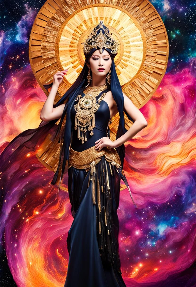 Cosmic Asian Goddess Dancing in Fantasy Galaxy
