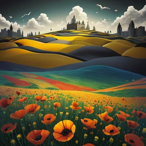 Surreal Poppy Field with Gothic Architecture