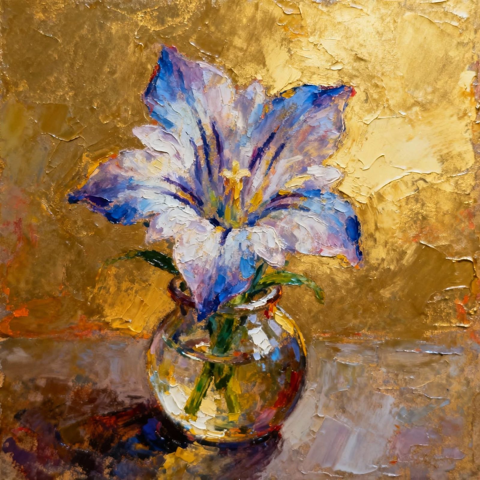 Delicate Gentian in Vase: Encaustic Painting with Golden Lig...