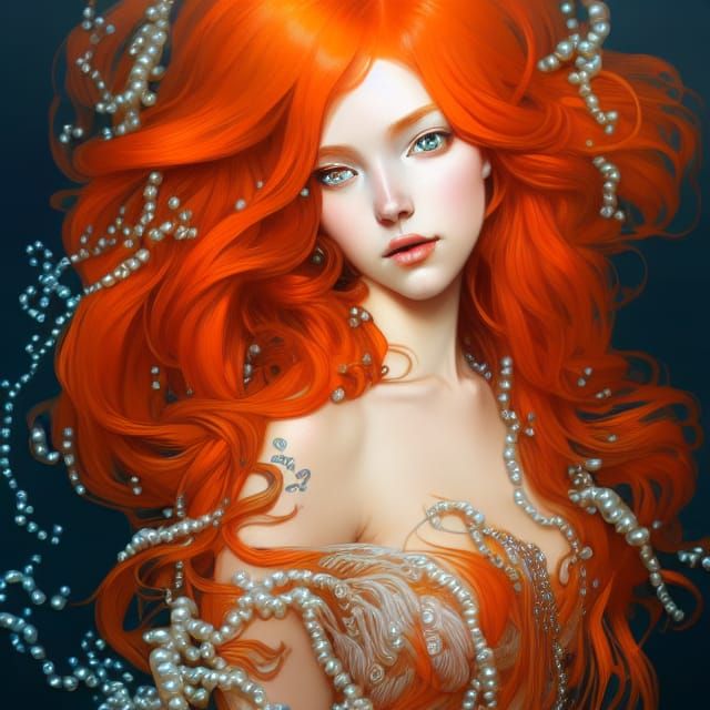 Orange-Haired Mermaid Portrait in Art Nouveau Style
