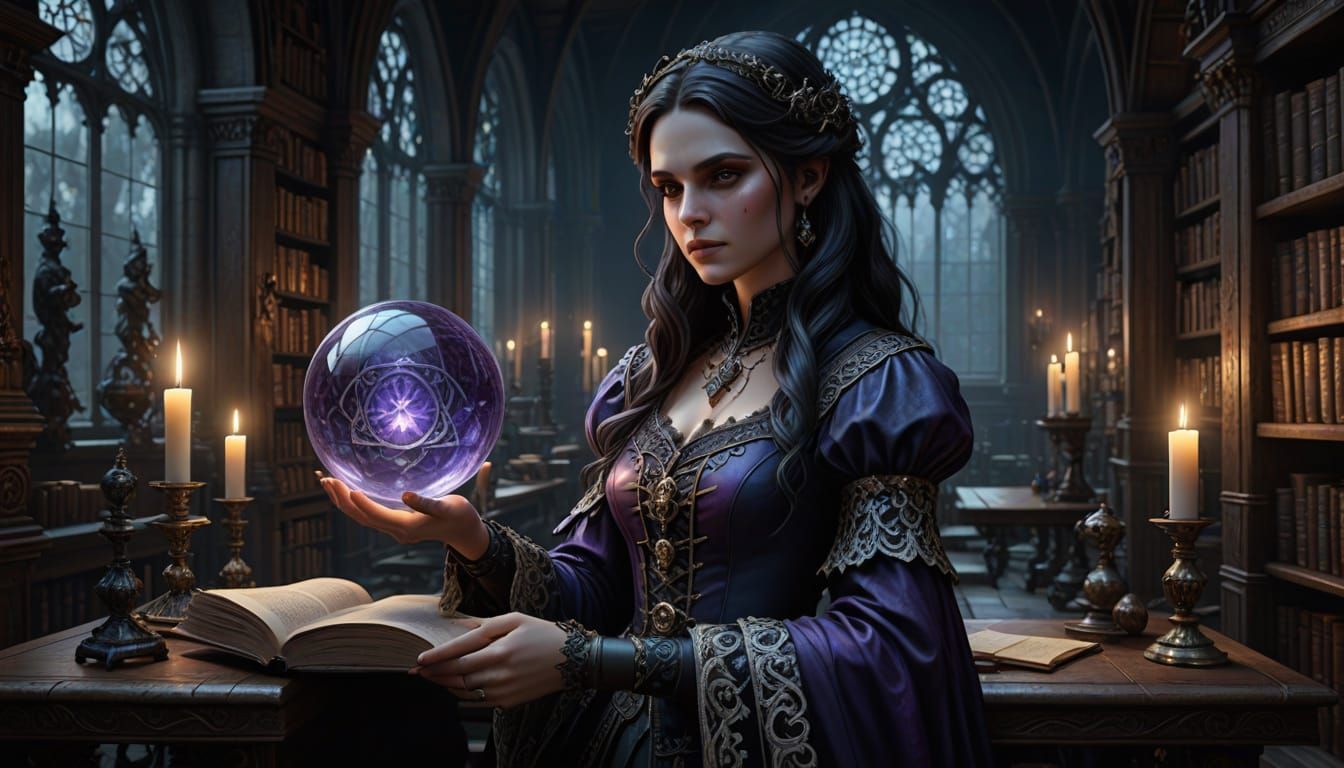 Gothic Woman in Alchemical Library, Victorian Style
