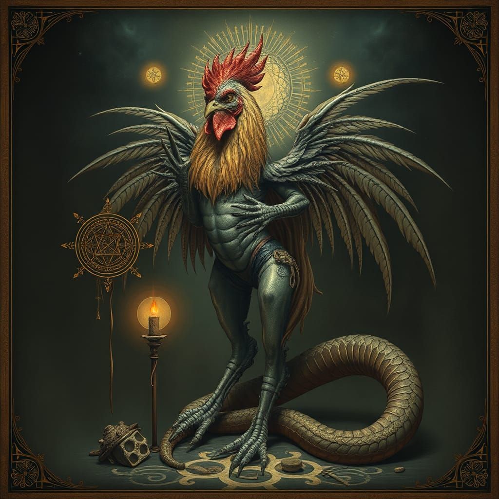 Mystical Rooster-Headed Being in Dark Surreal Style