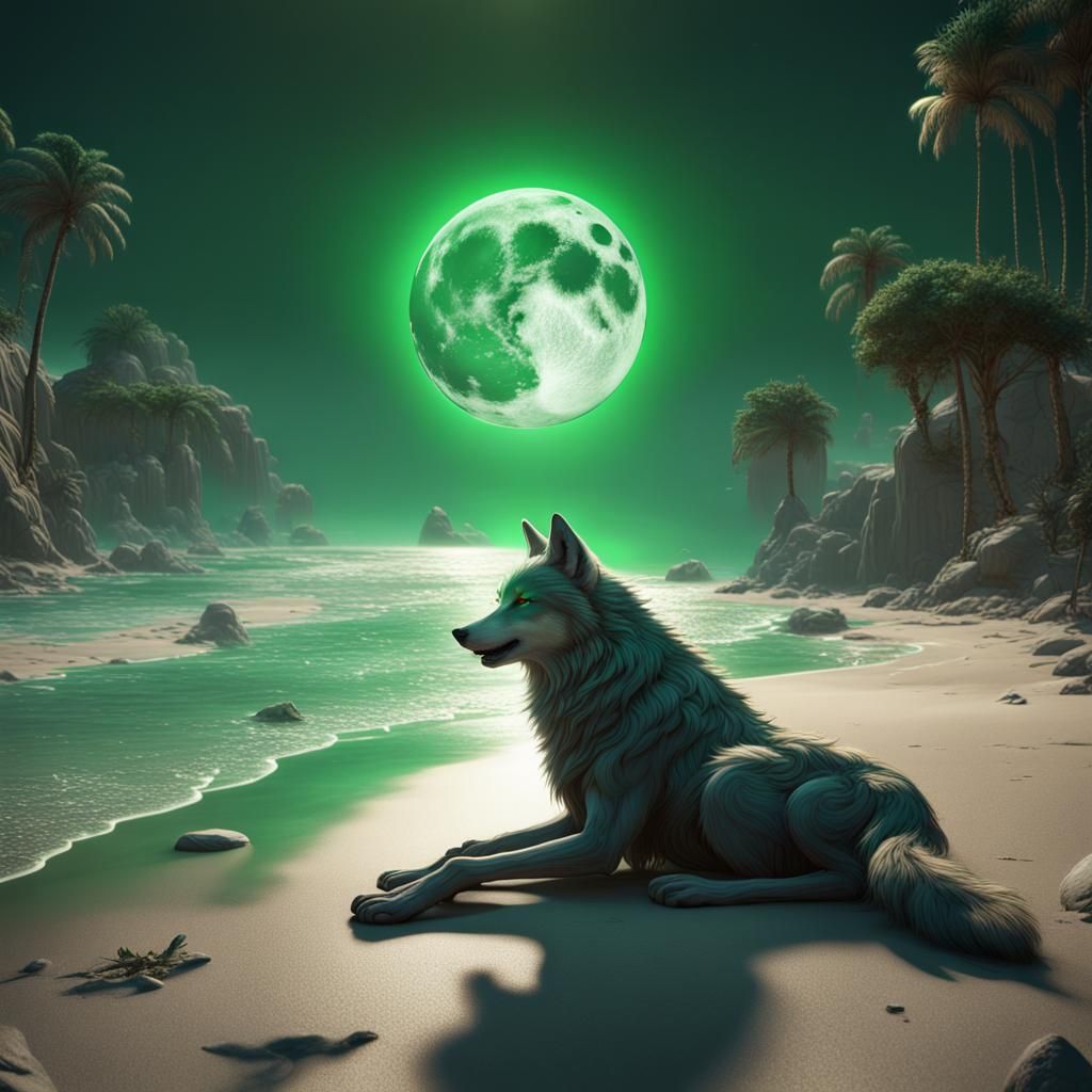 Wolf on a Beach with Green Moon