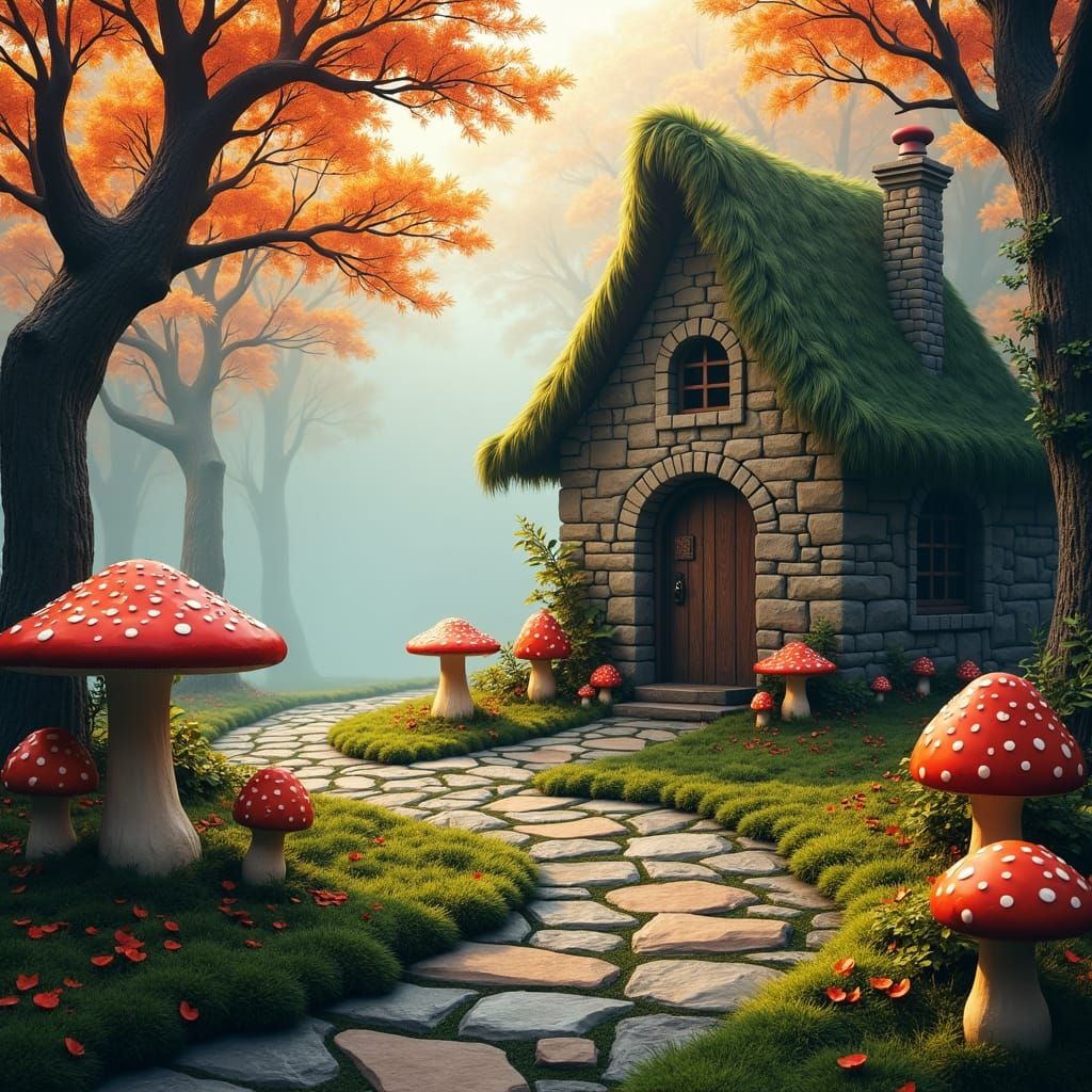 Enchanted Cottage in Ancient Forest, Fantasy Concept Art