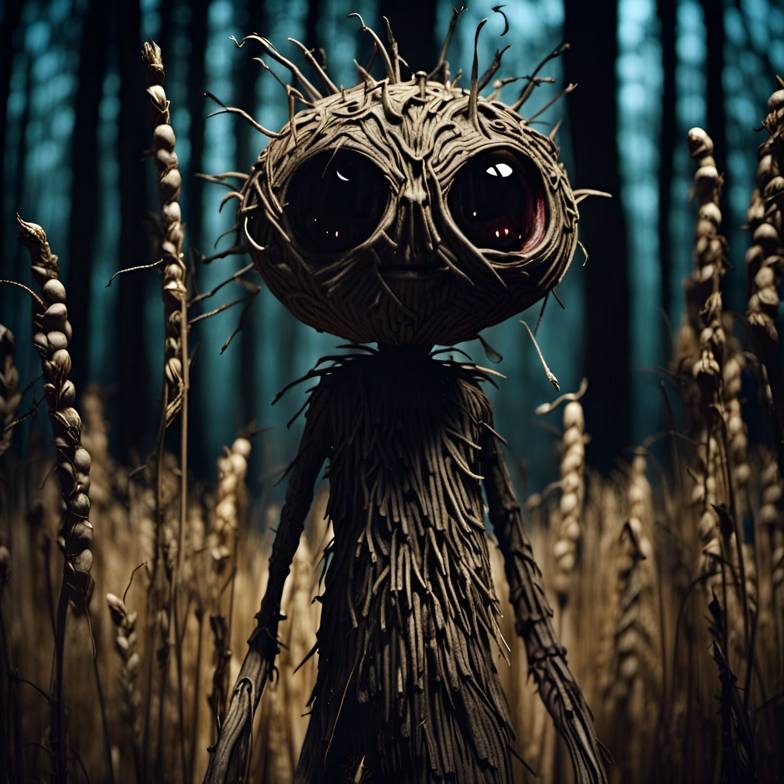 Horrifying Wheat Creature in Dark Forest: Claymation Style