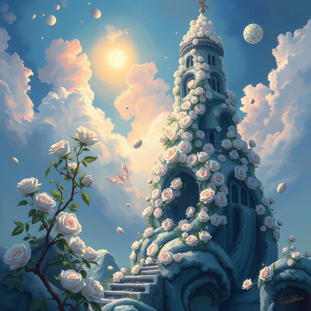Fantasy Tower in a Fantasy World with White Roses in Digital...