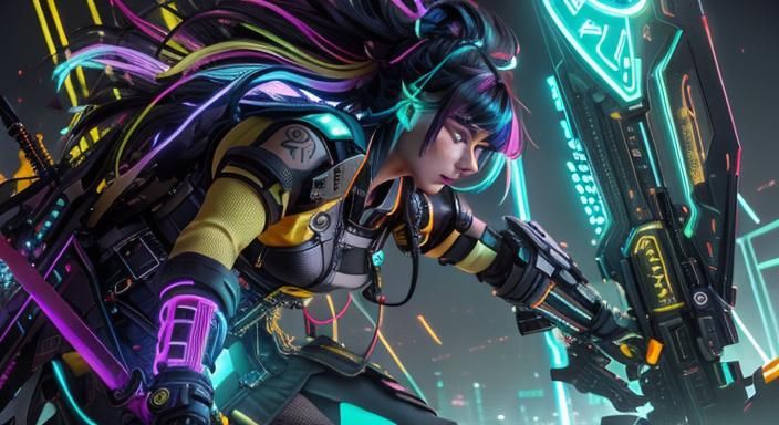 Neon Woman Warrior in Gothic Cityscape