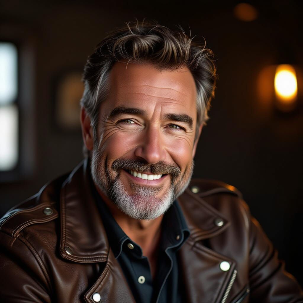Cinematic Portrait of Mature Man in Leather Jacket