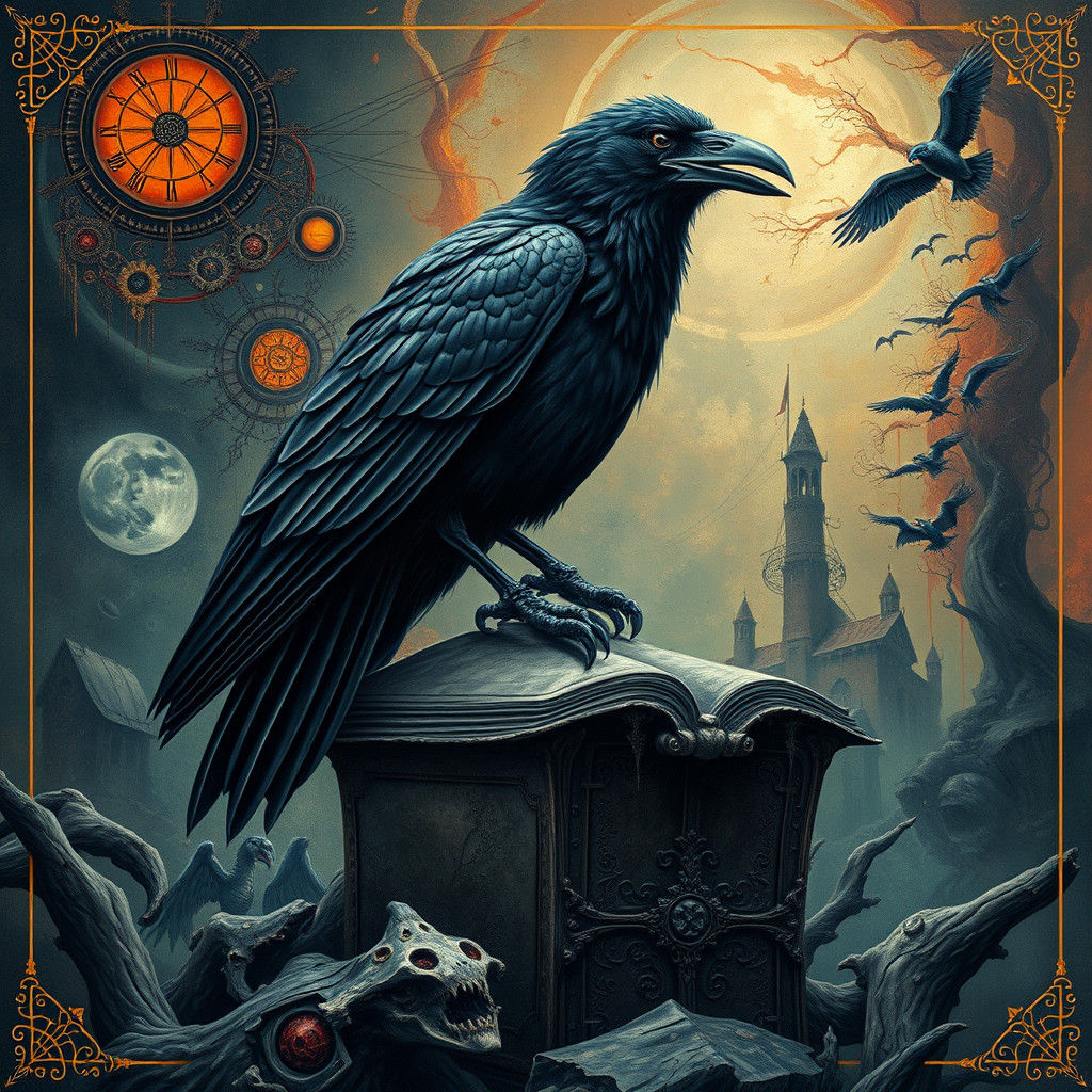 Raven on Tome in Surreal Art Deco Style