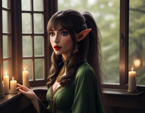 Hyperrealistic Elf in Temple with Silky Green Dress