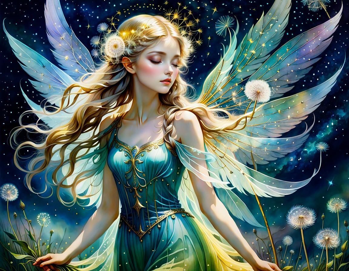 Dreamscape Fairy with Dandelions in Watercolor Style
