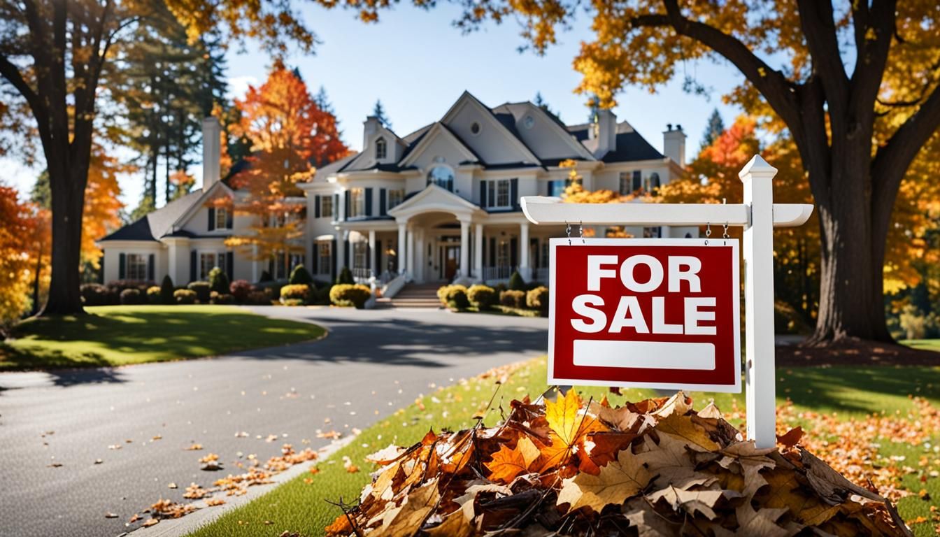 Mansion With For Sale Sign in Autumn