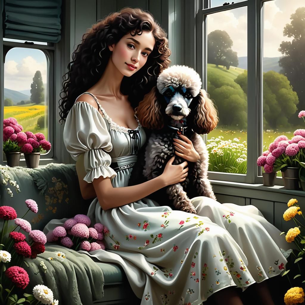 Woman and Poodle in Flowery Meadow, Matte Painting
