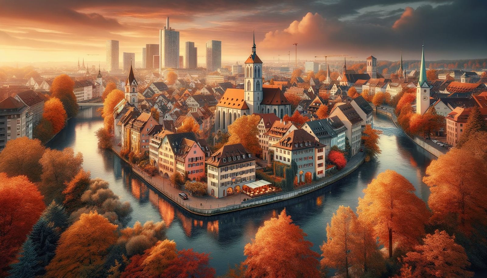 Autumn European River City in Warm Sunset Hues