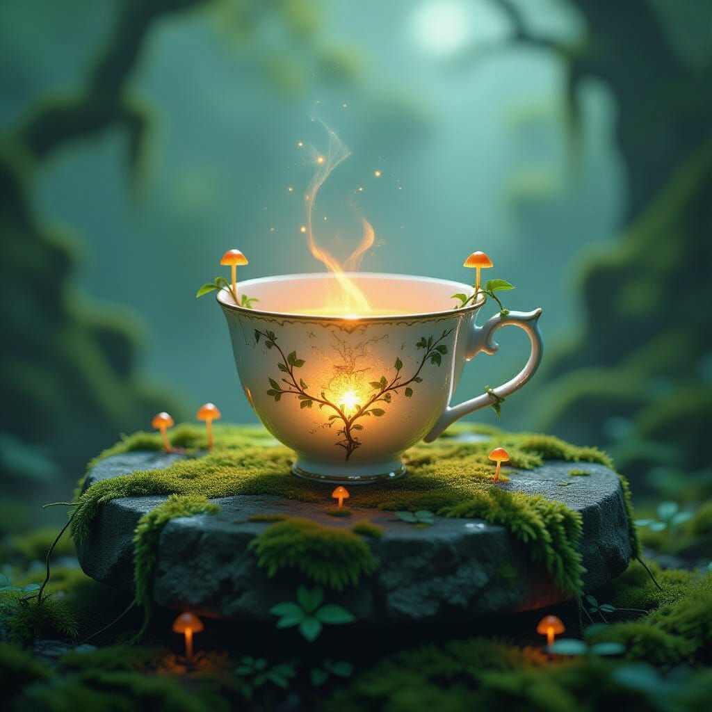 Ethereal Teacup on Ancient Altar in Misty Forest
