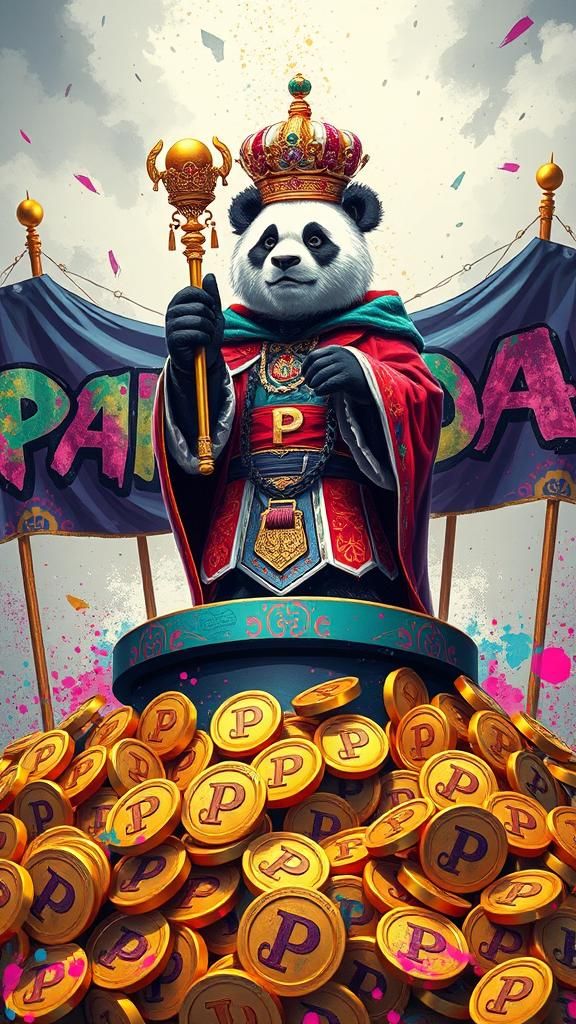 Panda King on Platform with Graffiti Flags