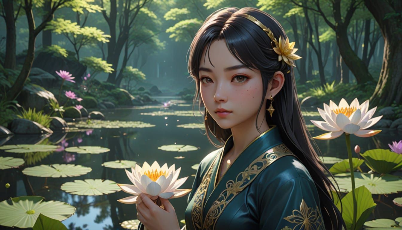 Woman with Water Lily in Anime Style, 3D Render