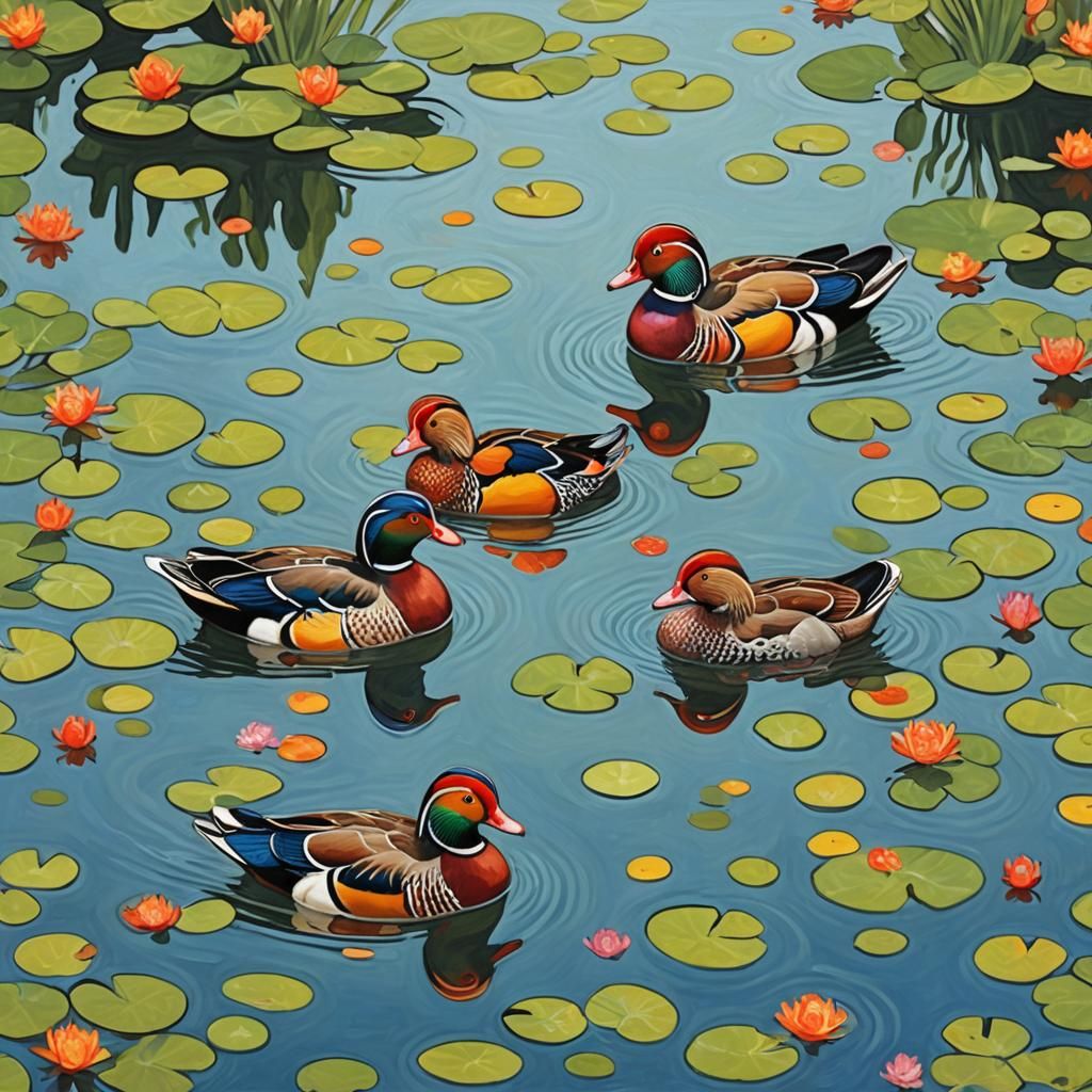 Mandarin Ducks in Pond: Neo-Impressionist Oil Painting