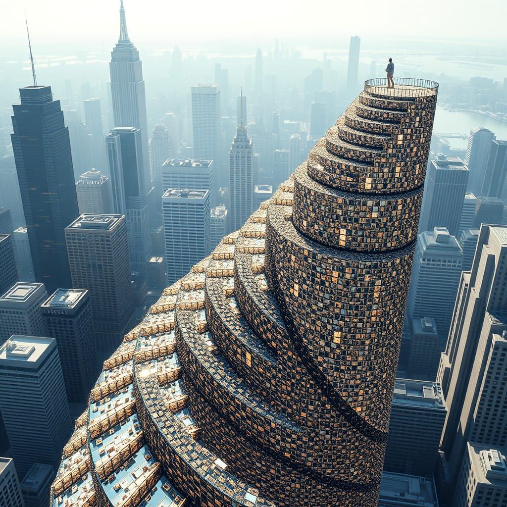 Infinite Spiral Staircase in Futuristic New York City