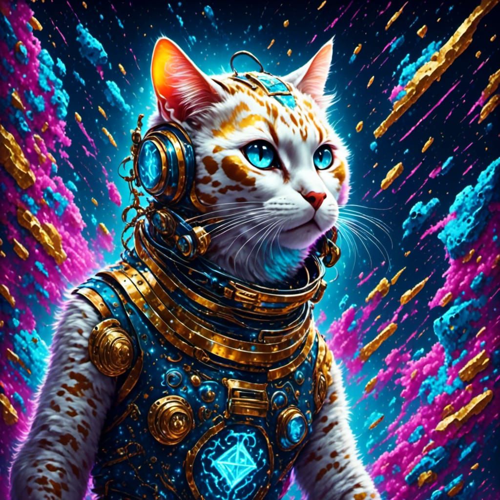 Cyborg Cat Soaring Through Space in Graffiti Art