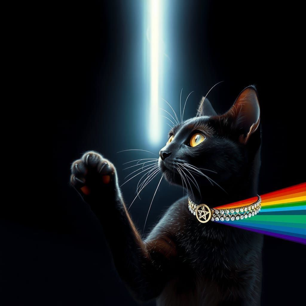 Mystical Cat Touches Light Beam in Surreal Scene