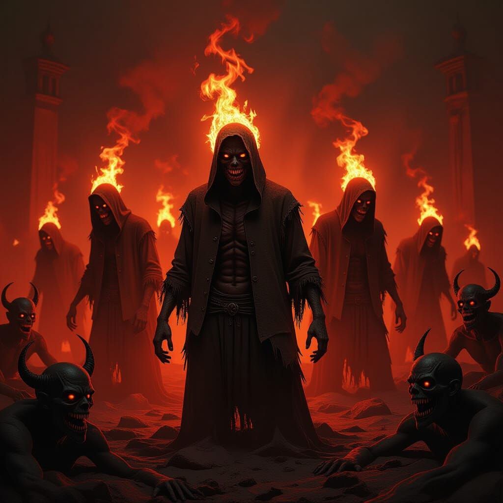 Fiery Underworld with Tormented Souls and Demons