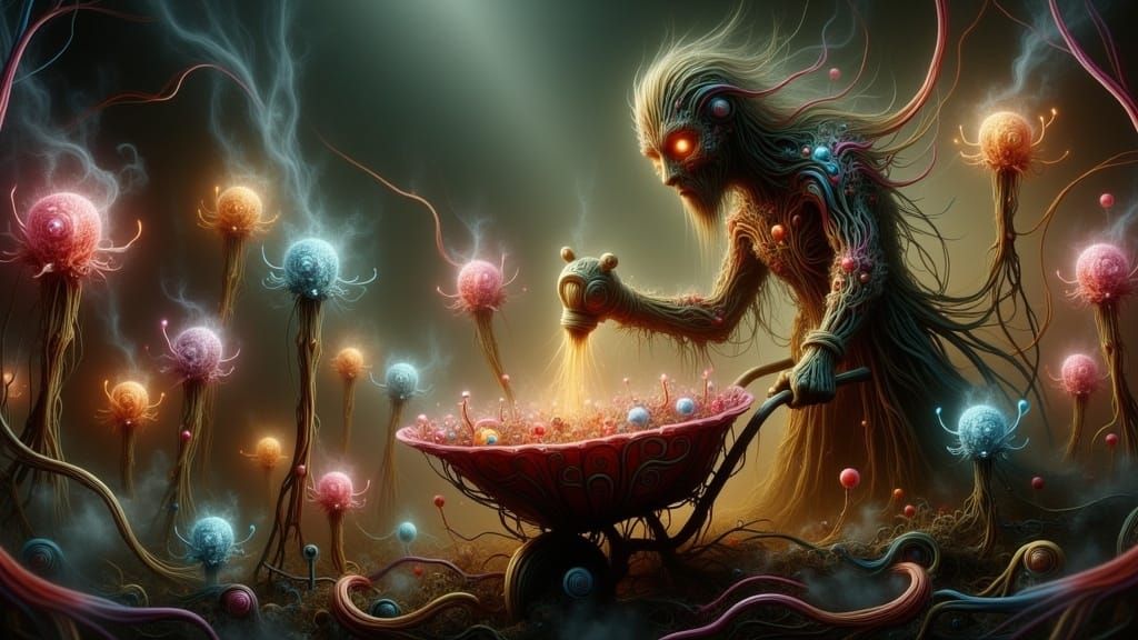 Scarecrow Gardener Tends Ethereal Virus Plants in Mystical L...