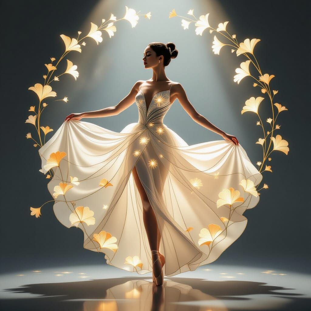 Luminescent Ballerina in Ginkgo Gown with Fractal Petals