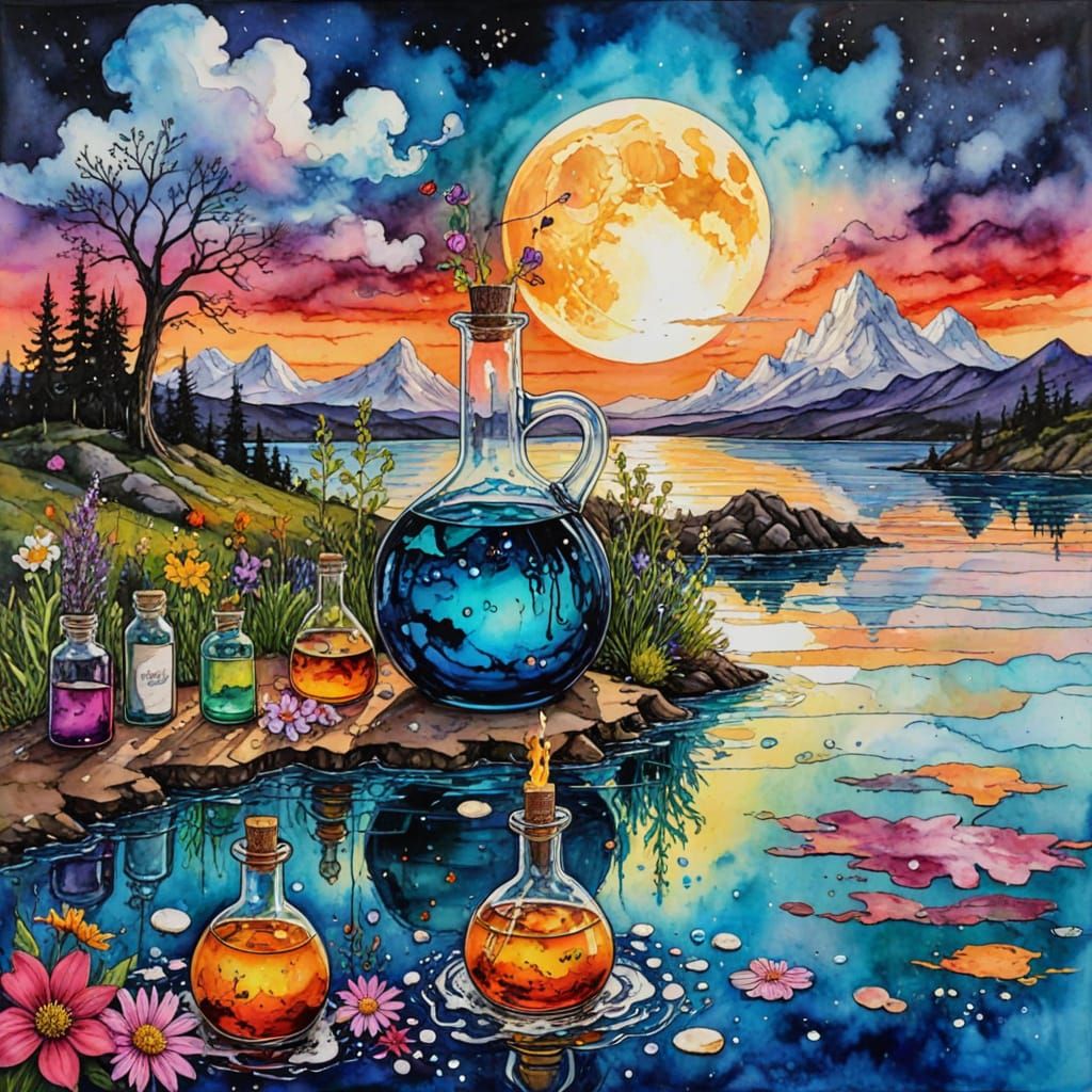 Vibrant Sunset Alchemist Unfolds Mystical Scene