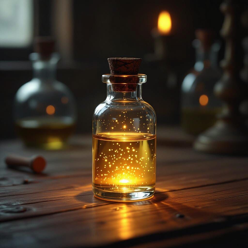 Glowing Golden Vial on Antique Table