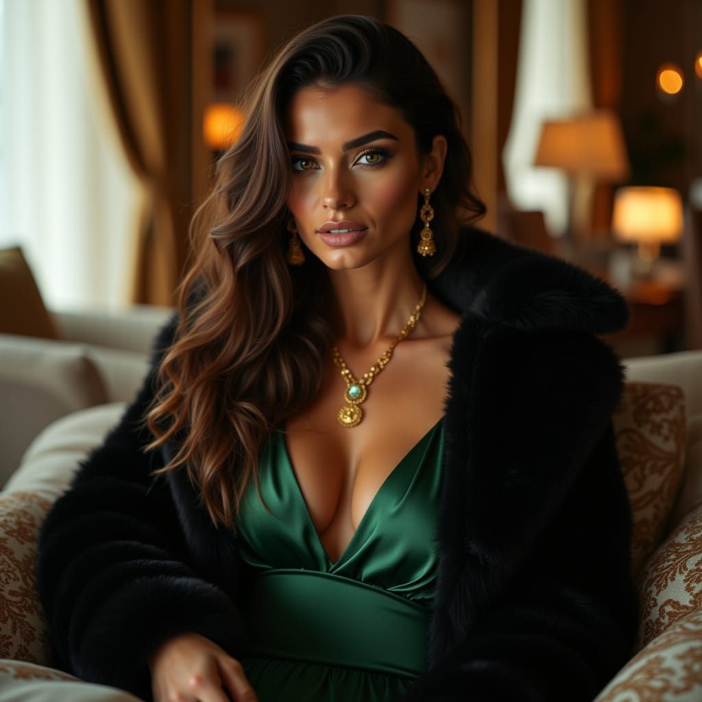 Elegant Woman in Opulent Bedroom with Luxurious Green Versac...