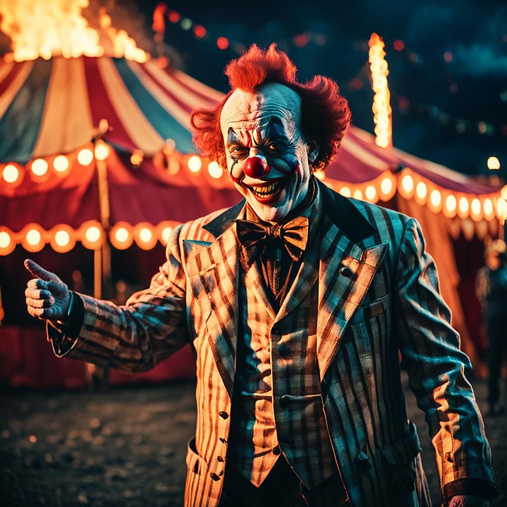 Laughing Clown Amidst Burning Circus Tent