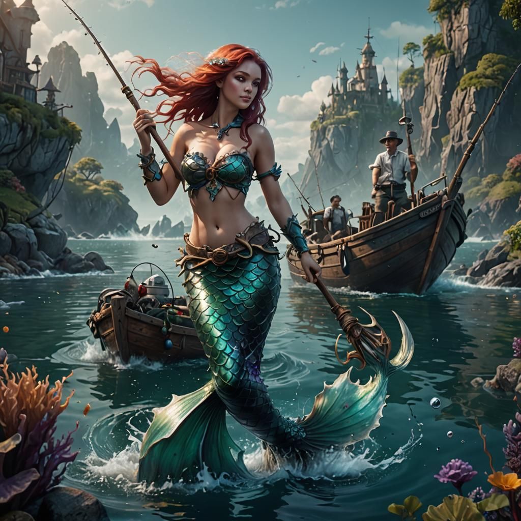 Mermaid Fishing: Detailed Matte Painting in Deep Color