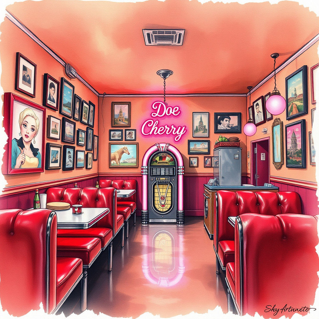 Retro Diner in Watercolor with Pink Neon