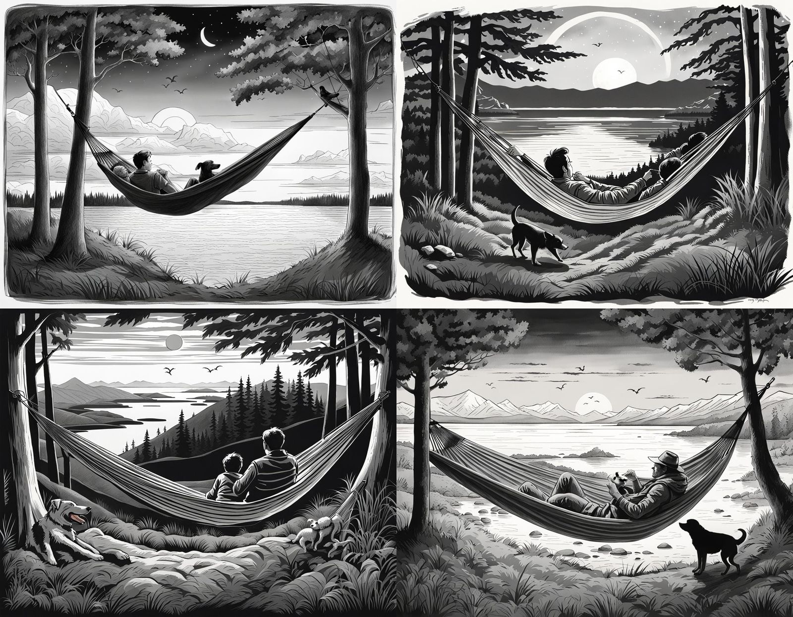 Grayscale Hammock Drawing in the Midnight Sun