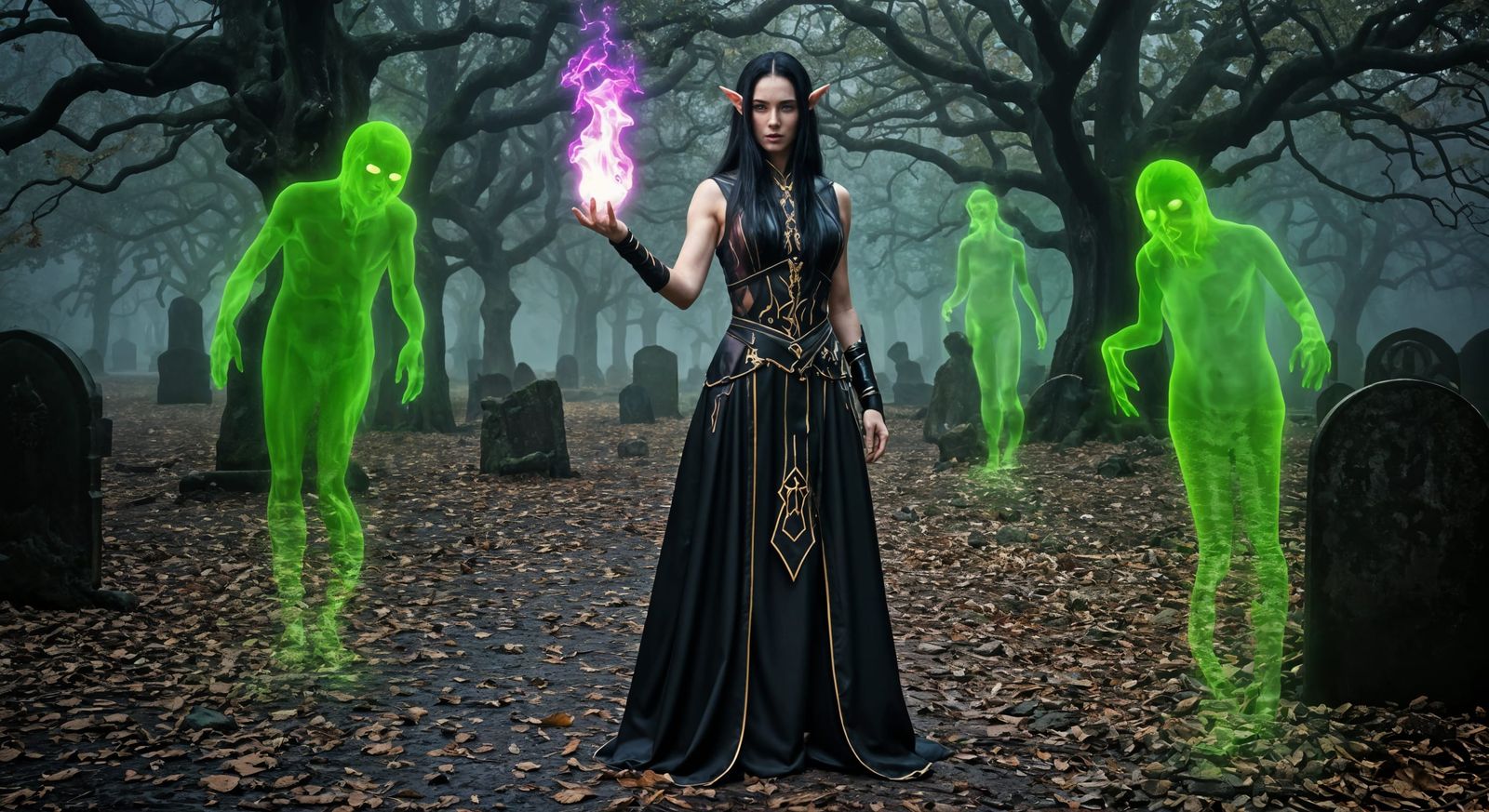 Elven Sorceress Casting Spell in Pagan Graveyard