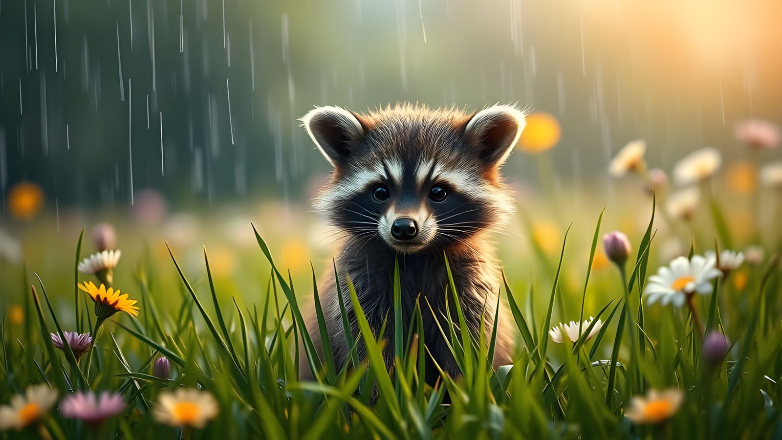 Hyperreal Baby Raccoon Plays in Rainy Meadow