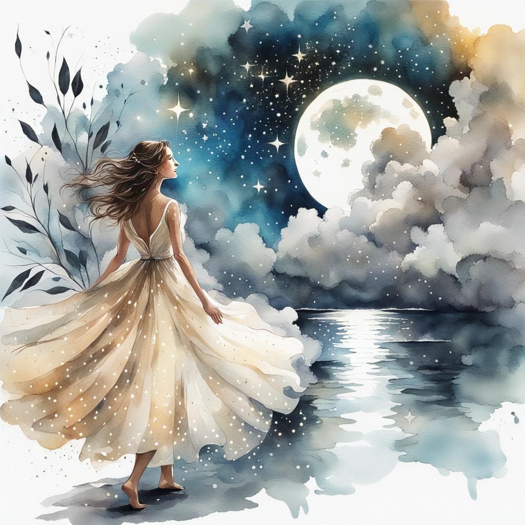Sparkling Dress: Woman Reaching for Moon in Watercolor