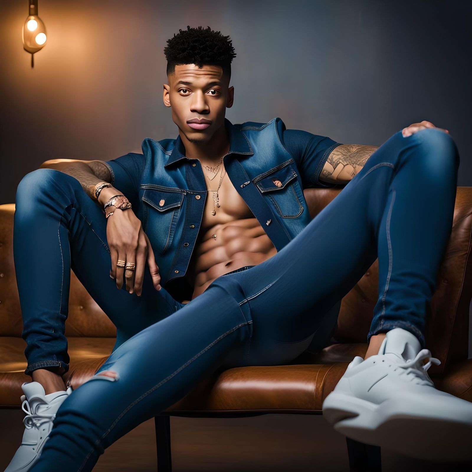 Rapper Manspreading in Tight Jeans, Realistic Style
