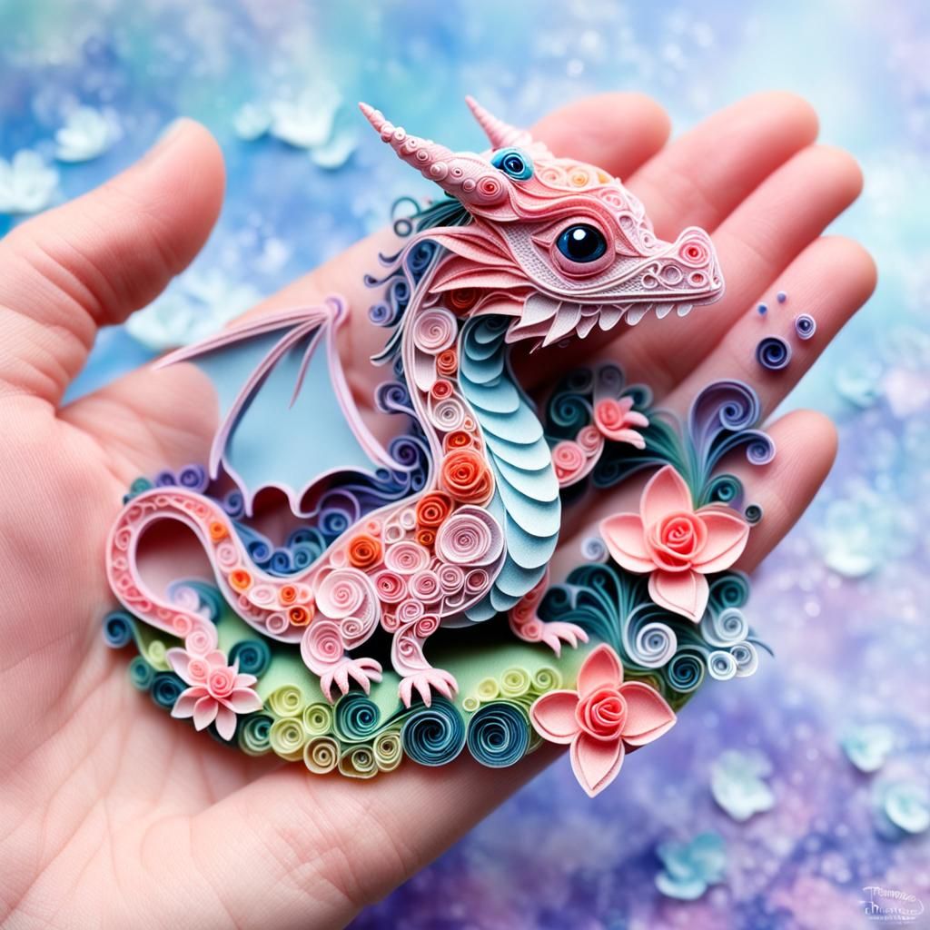 Tiny Dragon in Hand: Quilling Style Floral Art