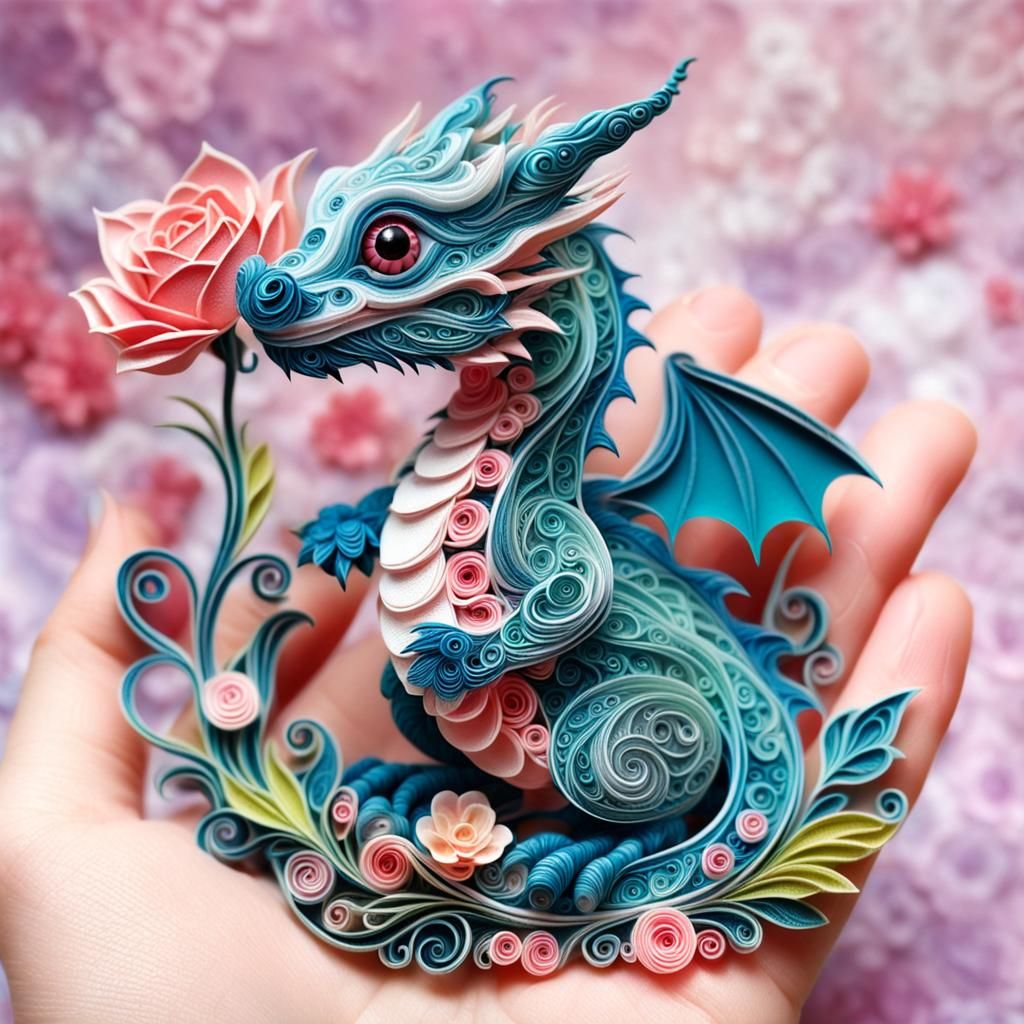 Tiny Dragon in Hand with Quilling Floral Background