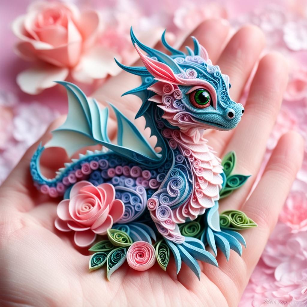 Tiny Dragon in Hand, Quilling Style